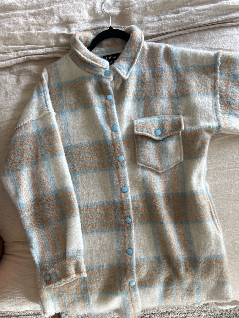 Plaid Button-Front Shacket in Cream with Blue & Tan Stripes
